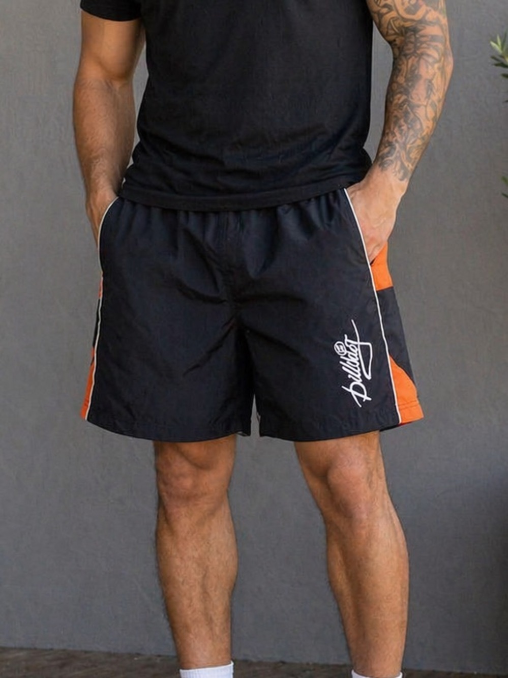 Vintage Style Swim Shorts XL Black Orange Retro Athletic Shorts